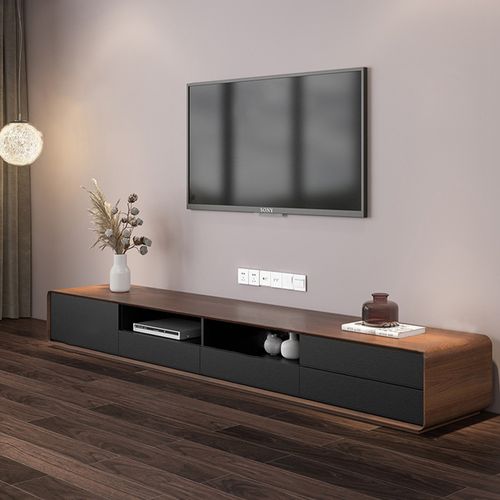 TV Schrank Lowboard Stehend | Modern Walnussholz aus Massivholz mit Schubladen | Wohnzimmer Möbel TV Board Mit Kabelmanagement | Für 75 Zoll Fernseher | Schwarz & Holz