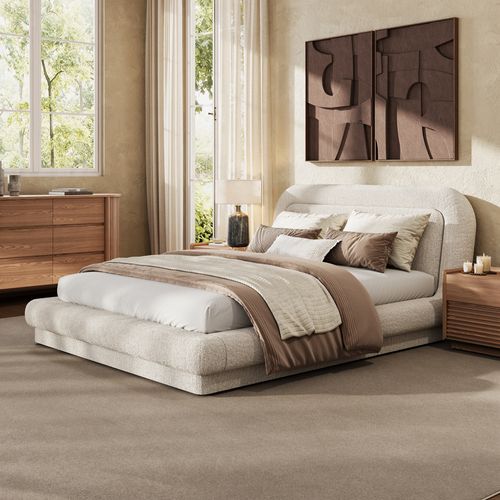 Beige Chenille Upholstered Bed – Queen Size