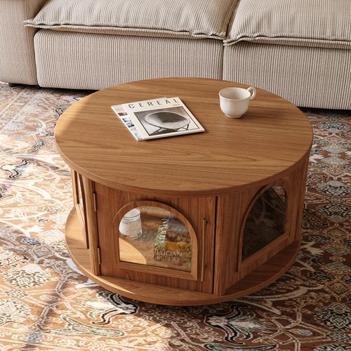 31'' Mid-Century Wooden Round Drum Coffee Table