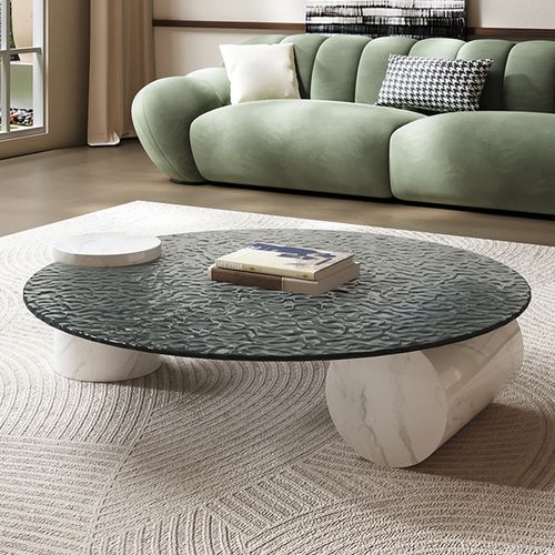 35" Modern Marble Coffee Table with Glass Top
