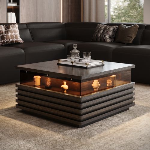31" Black Modern Coffee Table with LED Lights