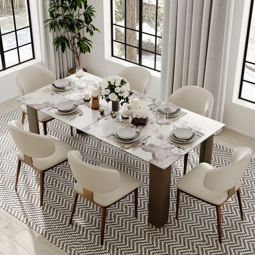 6-Seater Modern Extendable Dining Table Set – 79"-118" Glossy Pandora Sintered Stone Top
