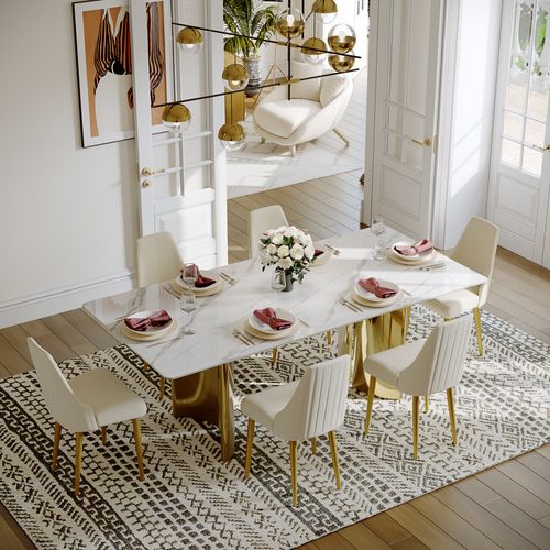 6-Seater Rectangular Trestle Dining Table – White Sintered Stone Top with Gold Pedestal Base