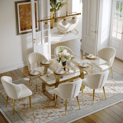 71" Modern Rectangular Glass Dining Table with Open Storage – Tempered Glass Top & Gold Base