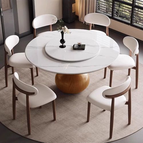 Round Dining Table Set with Lazy Susan for 4– White Sintered Stone & Wood Base