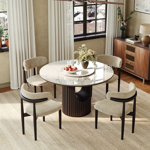 47" Mid-Century Modern 4 Seater Round Dining Table Set With Lazy Susan– Walnut Wood & Glossy White Sintered Stone