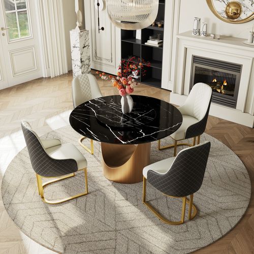 47" Round Marble Dining Table for 4 with Lazy Susan