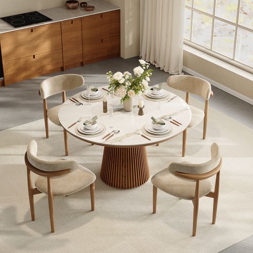 47" Mid-Century Vintage Round Dining Table Set For 4 with Glossy Sintered Stone Top and Walnut Fluted Pedestal Base