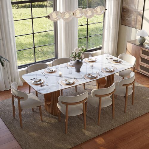 238 Mid-Century Modern Rectangular Dining Table Scratch-Resistant White Glossy Sintered Stone Top & Walnut Fluted Pedestal Base