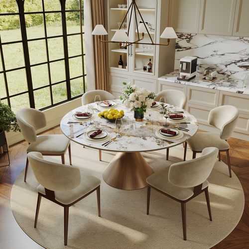 59''Glossy Pandora Sintered Stone table with a brushed bronze conical base