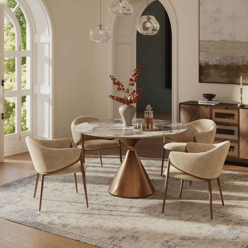 47''Glossy Pandora Sintered Stone table with a brushed bronze conical base