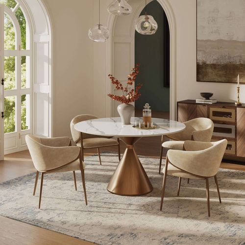 47''Glossy White Sintered Stone table with a brushed bronze conical base