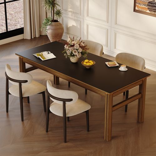 71" Mid-Century Dining Table Set for 6 – Black Matte Sintered Stone Top