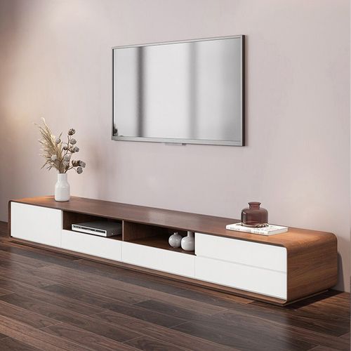 Meuble TV 4 tiroirs effet bois foncé et blanc 240 cm