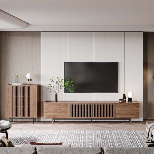Modern Slatted TV Stand with Side Cabinet