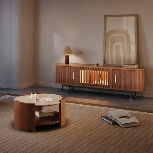 MCM TV Stand Set with 71 Walnut TV Stand with LED Light and 32 Walnut Two-Tier Coffee Table