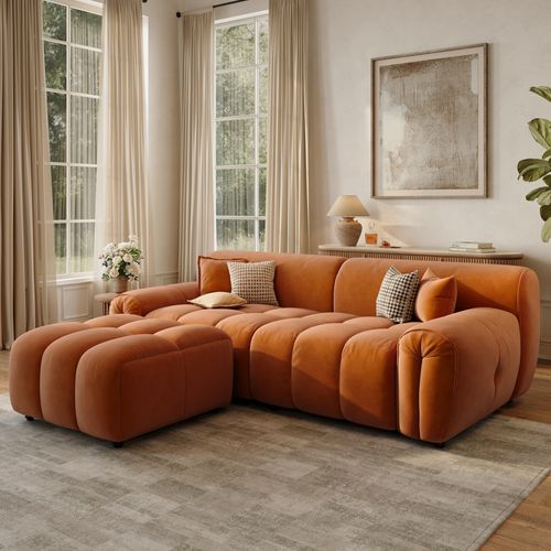 257'' Tufted Couch Retro 2-3 Seater Mid Century Fluffy Sofa with Ottoman
