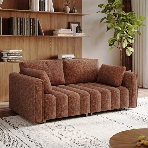 Retro Hand-Tufted Brown Chenille Sofa