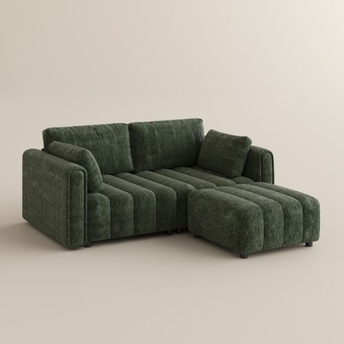 Retro Hand-Tufted Green Chenille Sofa with Ottoman
