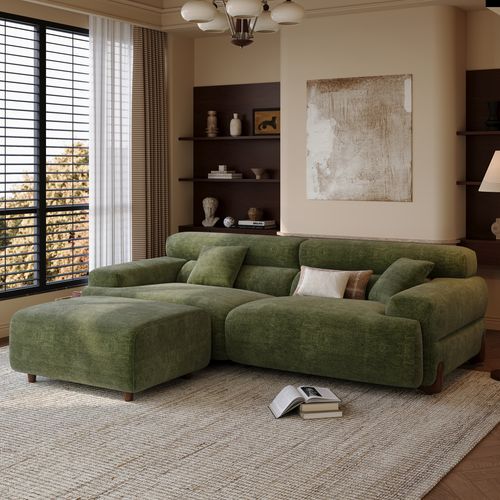 99.8 Inch Modern Green Chenille Sofa with Ottoman