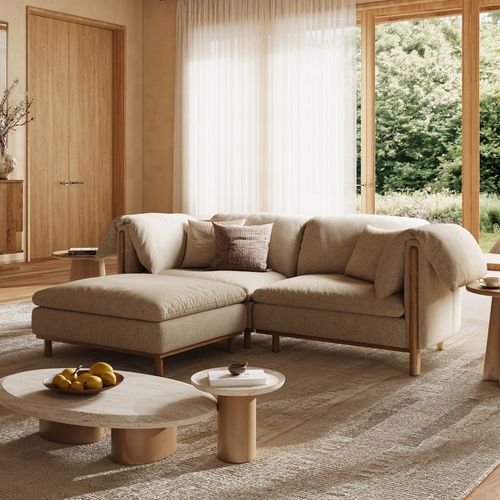 97inch Water-Resistant Cotton-Linen Khaki Sofa with Solid Wood Legs and Ottoman