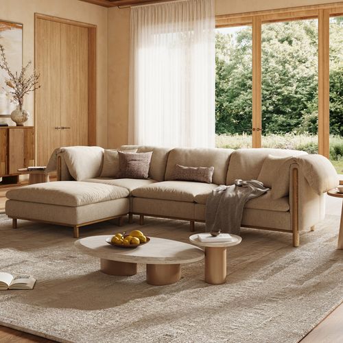 130.5inch Water-Resistant Cotton-Linen Khaki Sofa with Solid Wood Legs and Ottoman