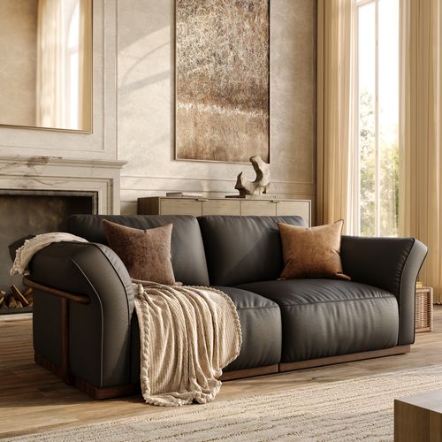 Black Genuine Leather Modular Sofa with Solid Wood Frame