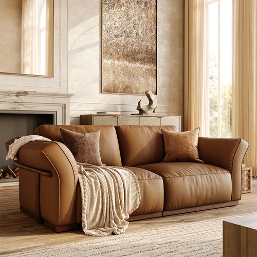 Brown Genuine Leather Modular Sofa with Soild Wood Frame