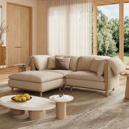 97inch Removable Cushions Sofa in Water-Resistant Cotton-Linen with Solid Wood Legs and Ottoman