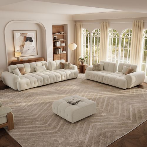 2-3 Seater Cream Chenille Sofa Waterproof Modular Couch with Ottoman with Adjustable Cushion