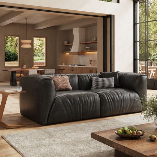 91 Inch Black Genuine American Leather Loveseat Sofa Waterproof Nonslip Mid Century Modern Couch