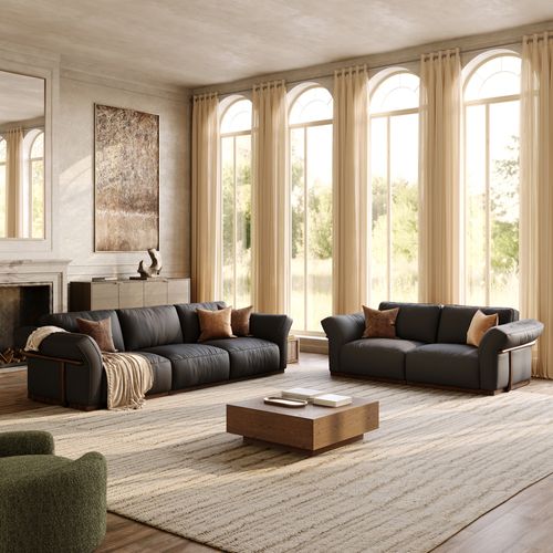 2+3 Seater Black Genuine Leather Sofa Set with Solid Wood Frame & Comfortable Seating