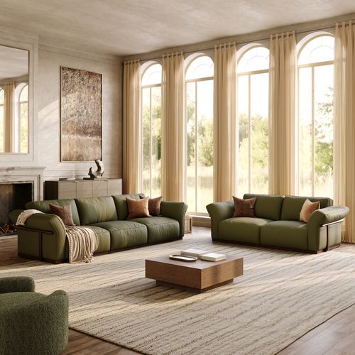 2+3 Seater Green Genuine Leather Sofa Set with Solid Wood Frame & Comfortable Seating