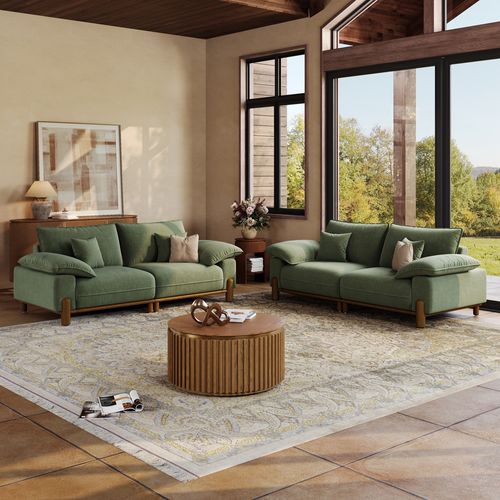 2+2 Seater Mid Century Green Pet-Friendly Fabric Sofa Set with Solid Wood Frame & Pillow Arms