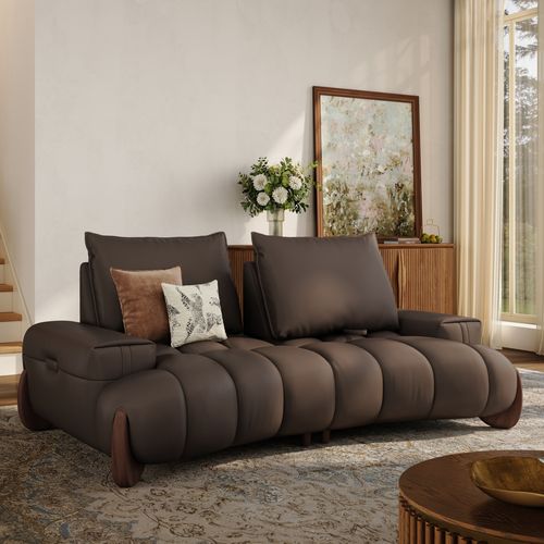 85 Inch Mid Century Dark Brown Leather Sofa with Adjustable Cushions and Waterproof