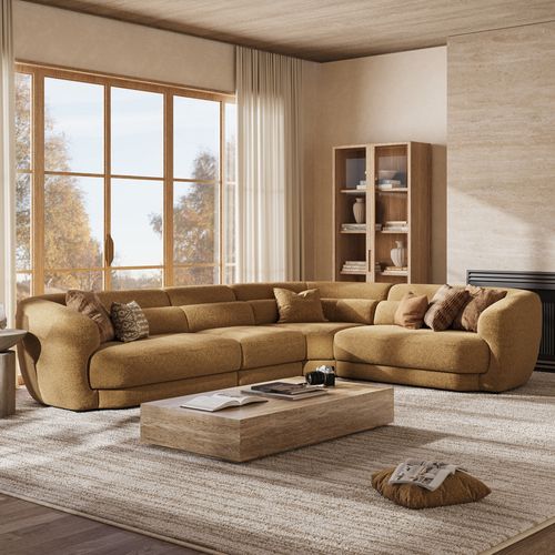 143 Inch Minimalist Brown Bouclé Sofa Modern Large L-Shaped With Lumbar Support