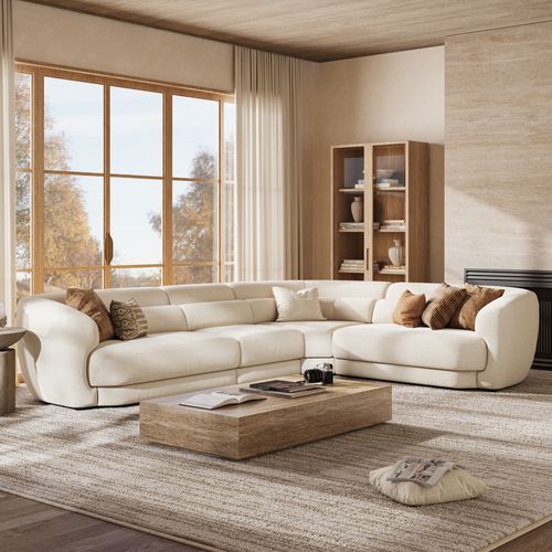 143 Inch Minimalist Beige Chenille Sofa Modern Large L-Shaped With Lumbar Support