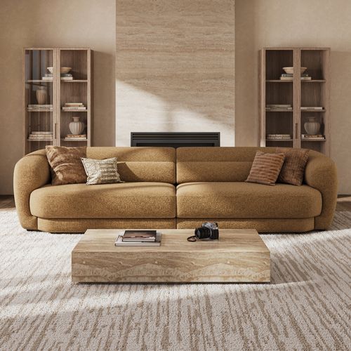 126 Inch Extra Long Minimalist Brown Bouclé Sofa - Modern Deep Seats With Lumbar Support