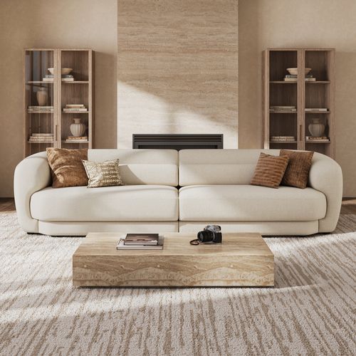 126 Inch Extra Long Minimalist Beige Chenille Sofa - Modern Deep Seats With Lumbar Support