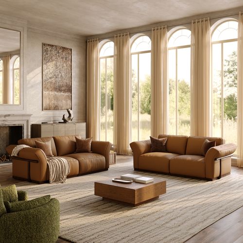 2+2 Seater Brown Genuine Leather Sofa Set with Solid Wood Frame & Comfortable Seating
