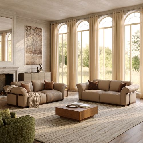 2+2 Seater Khaki Genuine Leather Sofa Set with Solid Wood Frame & Comfortable Seating