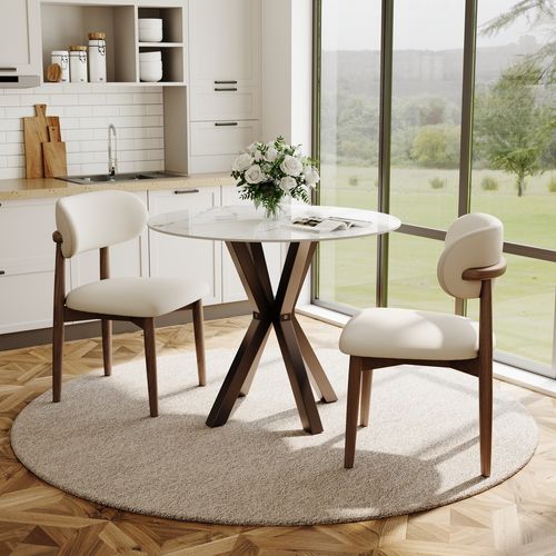 35.4" Round White Glossy Sintered Stone Bistro Table Set For 2 With Bronze Cross-Leg Carbon Steel Base