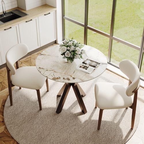 35.4" Round Pandora Glossy Sintered Stone Bistro Table Set For 4 With Bronze Cross-Leg Carbon Steel Base