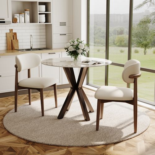 35.4" Round Pandora Glossy Sintered Stone Breakfast Table Set For 2 With Bronze Cross-Leg Carbon Steel Base