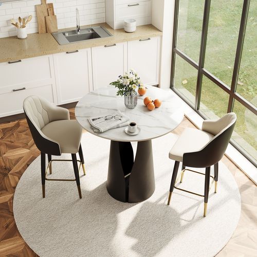 3-Piece Modern Counter Table Set for 2 – 35" White Glossy Dining Table with Black Base
