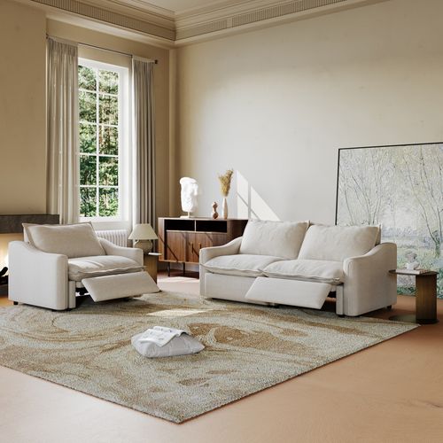 48''& 84'' Contemporary Power Reclining Loveseat Set in Beige Fabric