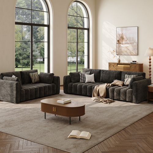 2-3 Seater Retro Hand-Tufted Black Chenille Sofa Set