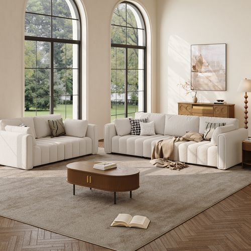 2-3 Seater Retro Hand-Tufted Beige Chenille Sofa Set