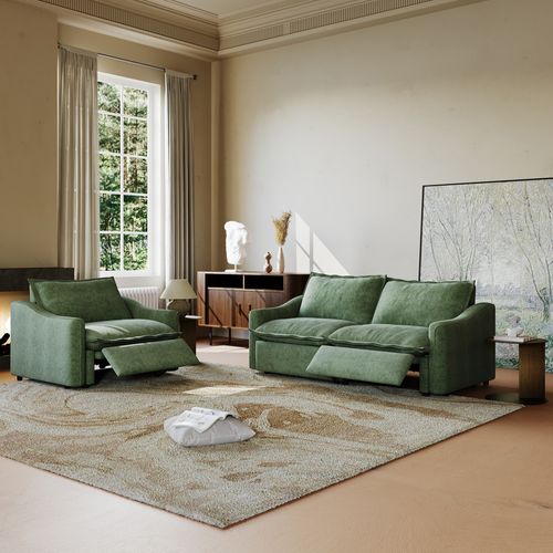 48''& 84'' Contemporary Power Reclining Loveseat Set in Beige Fabric