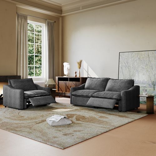 48''& 84'' Contemporary Power Reclining Loveseat Set in Beige Fabric